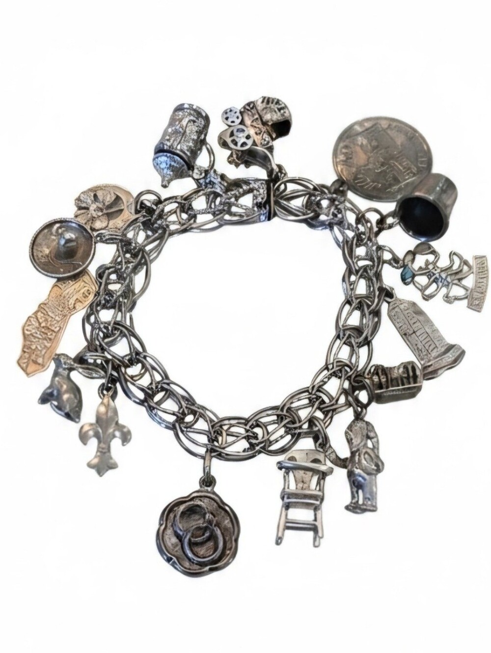 VTG 925 CA Sterling Silver Heavy Double Link Charm Bracelet - 15 Charms 46G